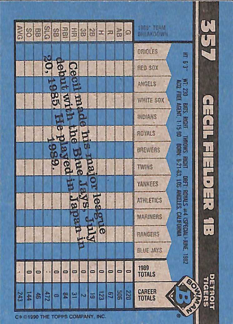 FIINR Baseball Card 1990 Bowman Cecil Fielder MLB Baseball Card #357 - Mint Condition