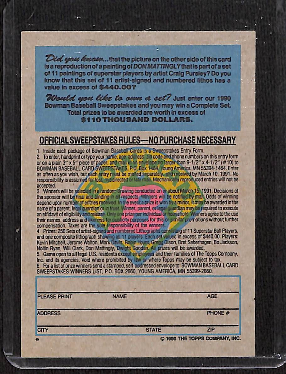 FIINR Baseball Card 1990 Bowman Don Mattingly Sweepstakes MLB Baseball Card - Mint Condition