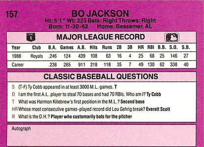 FIINR Baseball Card 1990 Classics Baseball Bo Jackson Kansas City Royals Card #157