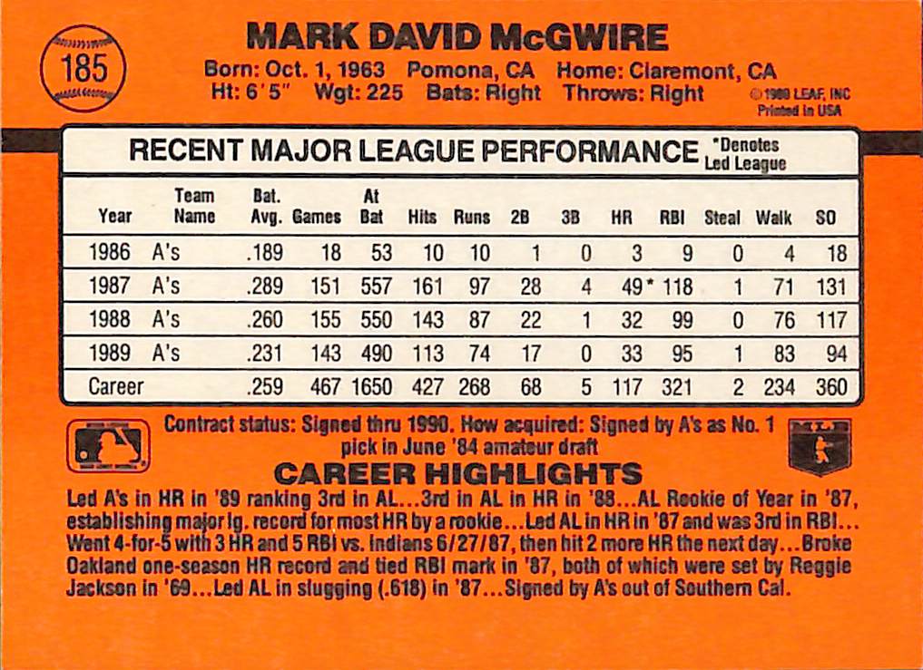 FIINR Baseball Card 1990 Donrus Mark McGwire Baseball Error Card #185 - Error Card - Mint Condition