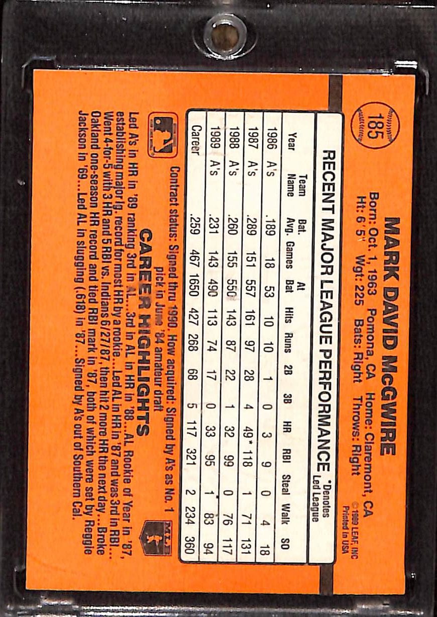 FIINR Baseball Card 1990 Donrus Mark McGwire Baseball Error Card #185 - Error Card - Mint Condition