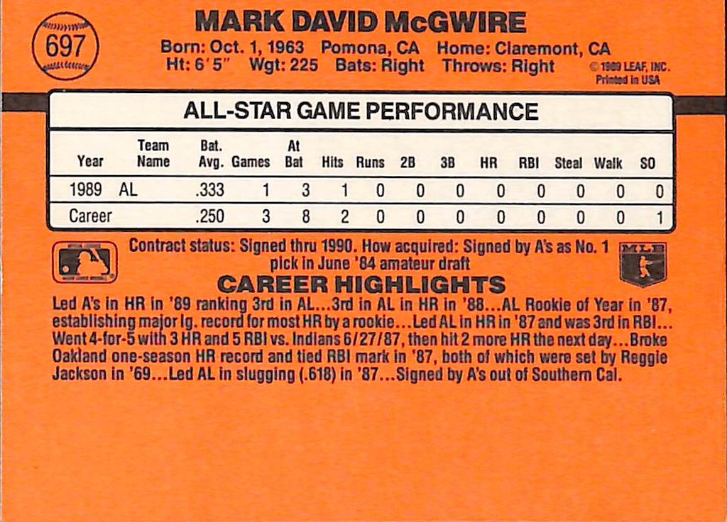 FIINR Baseball Card 1990 Donruss All-Star Mark McGwire Baseball Card #697 - Mint Condition