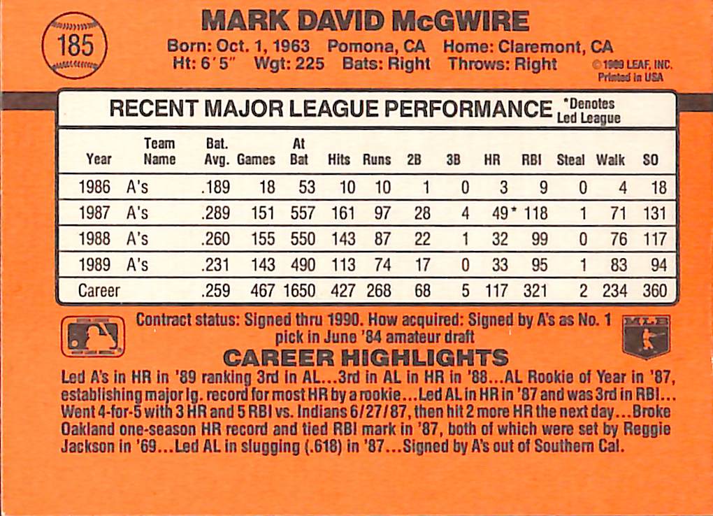 FIINR Baseball Card 1990 Donruss All Star Mark McGwire Error Baseball Card #697 - Error Card - Mint Condition