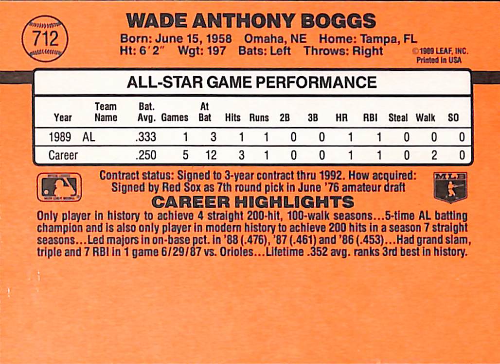 FIINR Baseball Card 1990 Donruss All-Star Wade Boggs MLB Error Baseball Card #712- Error Card - Mint Condition