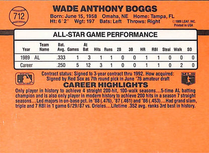 FIINR Baseball Card 1990 Donruss All-Star Wade Boggs MLB Error Baseball Card #712- Error Card - Mint Condition