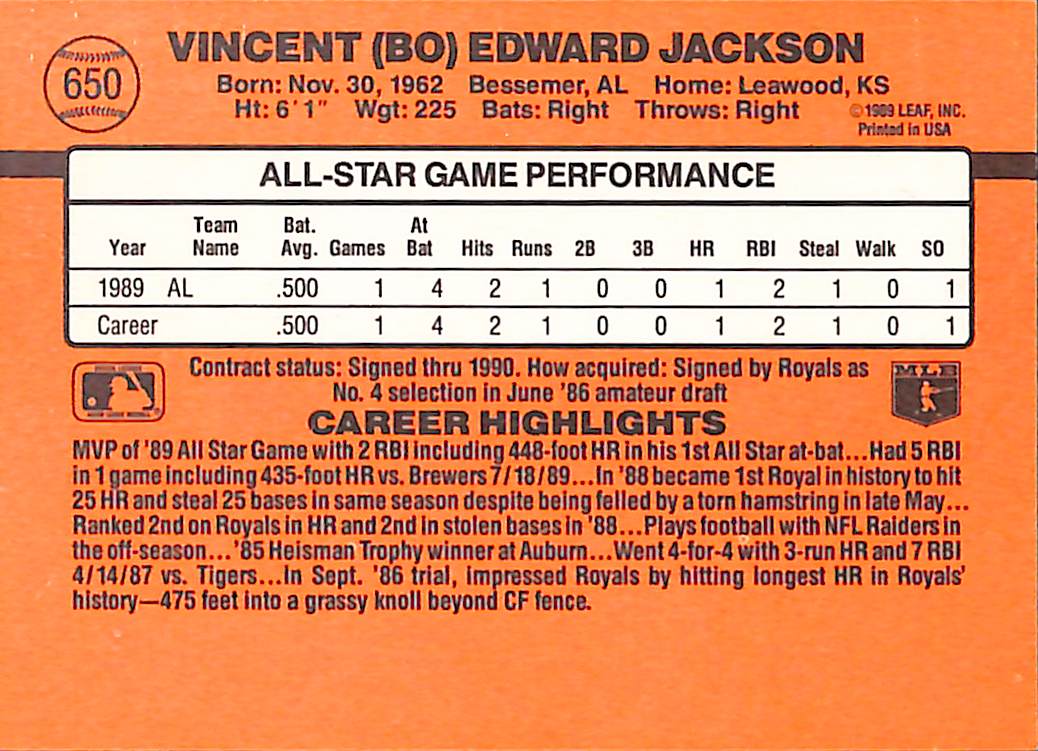 FIINR Baseball Card 1990 Donruss Bo Jackson All Star Baseball Card Royals #61 - Error Card - Mint Condition