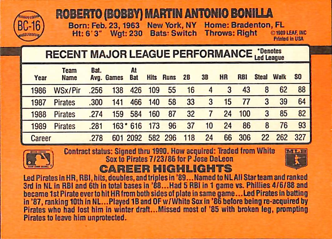 FIINR Baseball Card 1990 Donruss Bobby Bonilla Baseball Error Card #BC-16 - Error Card - Mint Condition
