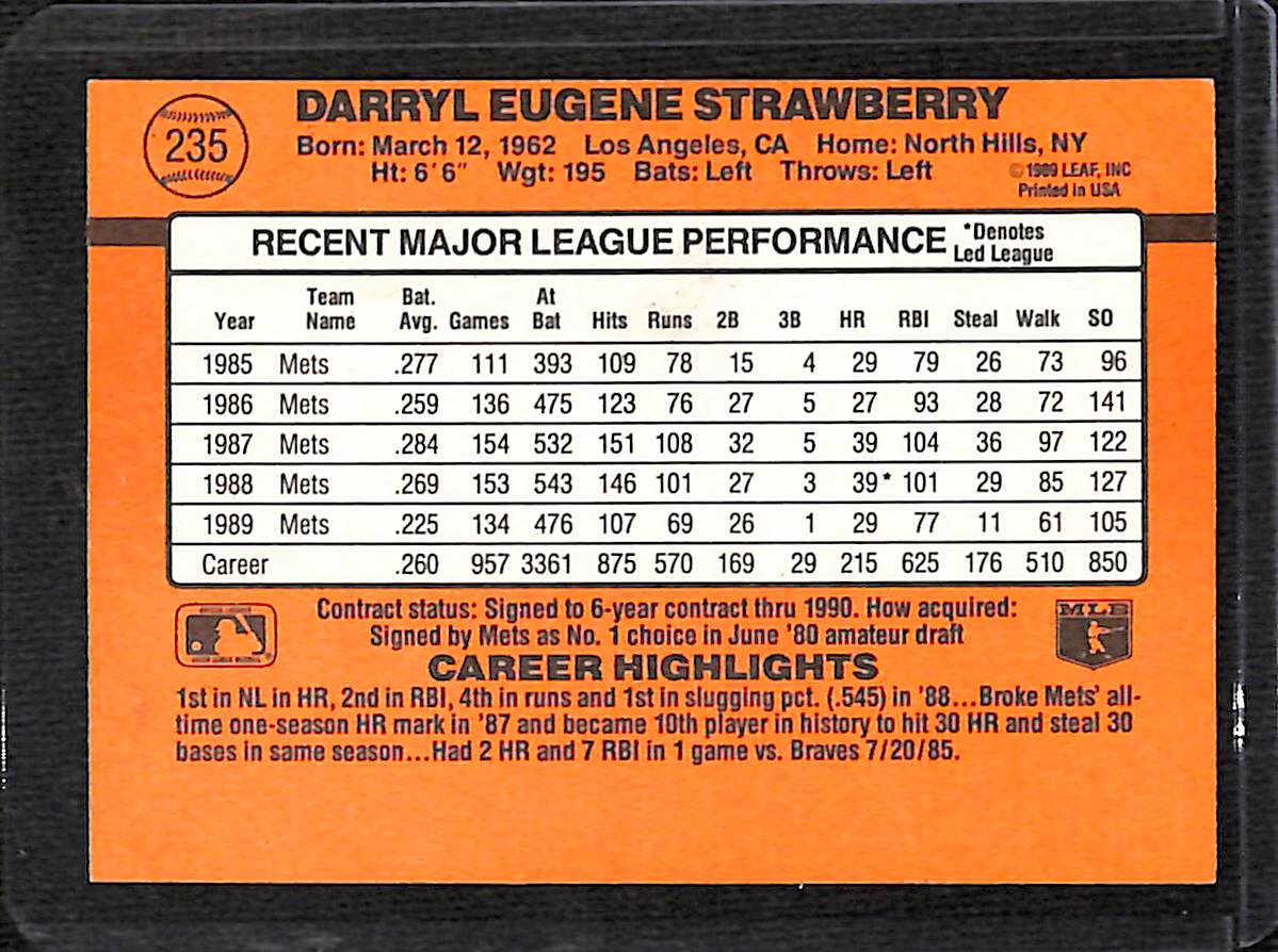 FIINR Baseball Card 1990 Donruss Darryl Strawberry Error Baseball Card #235 - Error Card - Mint Condition