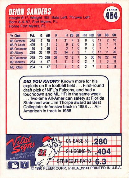 FIINR Baseball Card 1990 Donruss Deion Sanders Baseball Error Card #454 - Error Card - Mint Condition