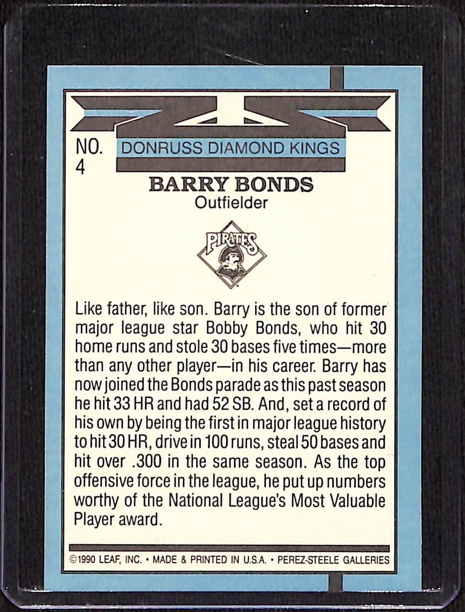 FIINR Baseball Card 1990 Donruss Diamond Kings Barry Bonds Baseball Card #4 - Mint Condition