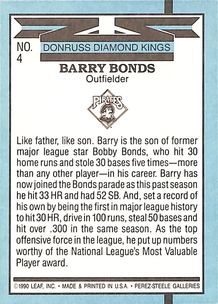 FIINR Baseball Card 1990 Donruss Diamond Kings Barry Bonds Baseball Card #4 - Mint Condition