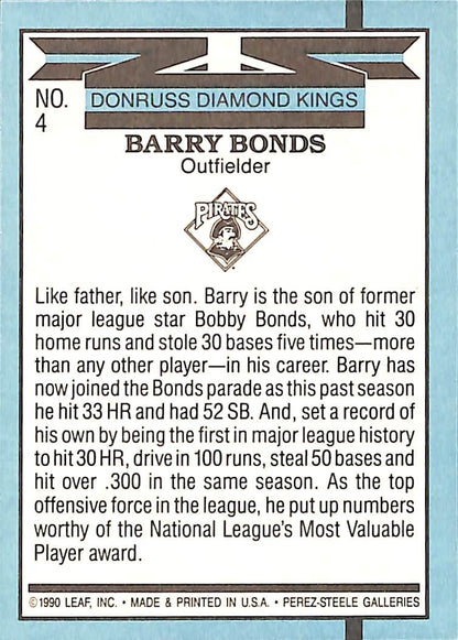 FIINR Baseball Card 1990 Donruss Diamond Kings Barry Bonds Baseball Card #4 - Mint Condition