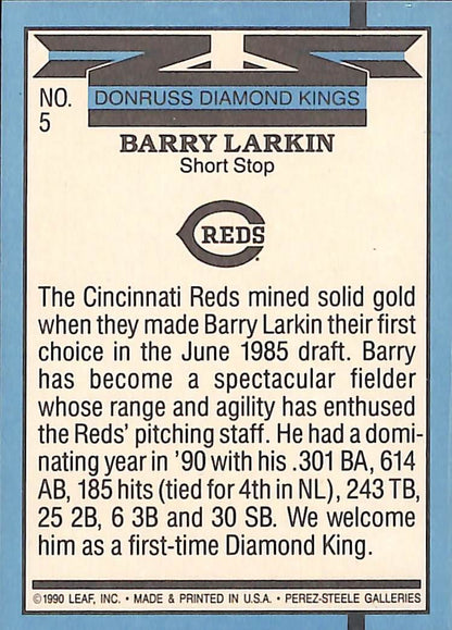 FIINR Baseball Card 1990 Donruss Diamond Kings Barry Larkin MLB Baseball Card #5 - Mint Condition