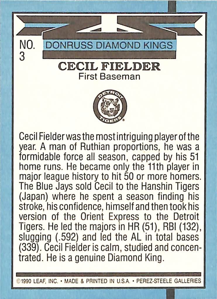 FIINR Baseball Card 1990 Donruss Diamond Kings Cecil Fielder MLB Baseball Card #3 - Mint Condition