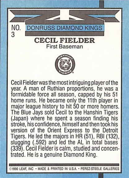 FIINR Baseball Card 1990 Donruss Diamond Kings Cecil Fielder MLB Baseball Error Card #3 - Error Card - Mint Condition