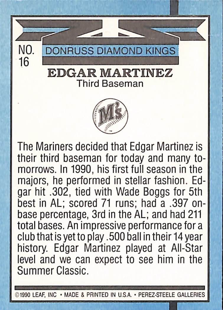 FIINR Baseball Card 1990 Donruss Diamond Kings Edgar Martinez MLB Baseball Card #16 - Error Card Mint Condition