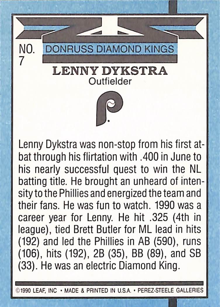 FIINR Baseball Card 1990 Donruss Diamond Kings Len Dykstra MLB Baseball Error Card #7 - Error Card - Mint Condition