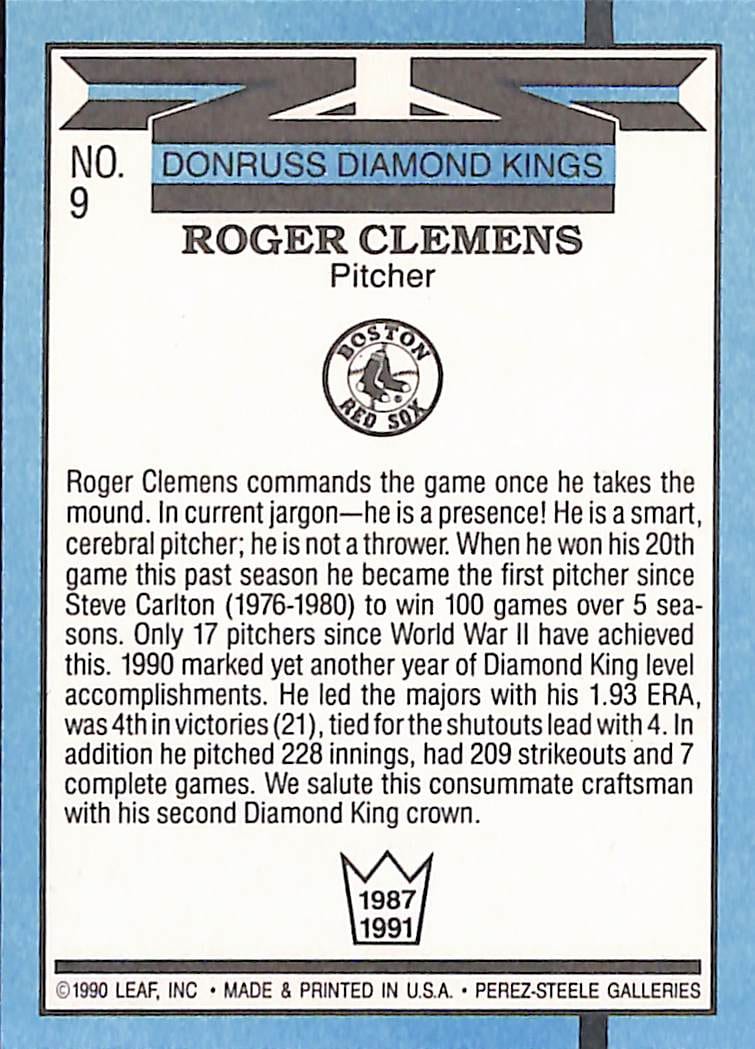 FIINR Baseball Card 1990 Donruss Diamond Kings Roger Clemens Baseball Error Card #9 - Error Card - Mint Condition