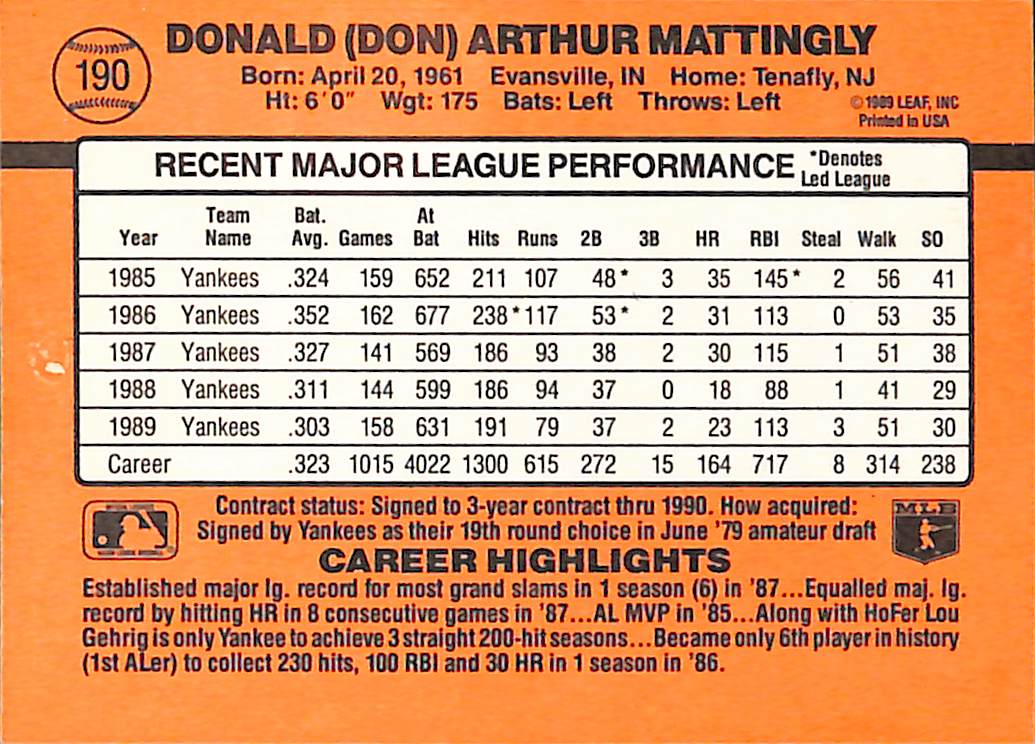 FIINR Baseball Card 1990 Donruss Don Mattingly Baseball Error Card #190  - Error Card - Mint Condition
