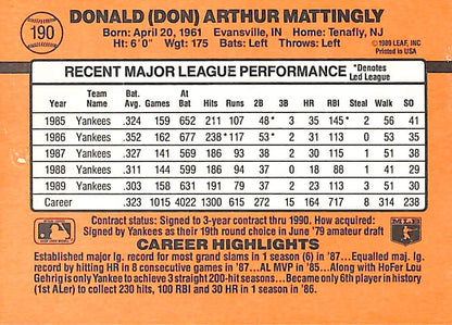 FIINR Baseball Card 1990 Donruss Don Mattingly Baseball Error Card #190 - Error Card - Mint Condition