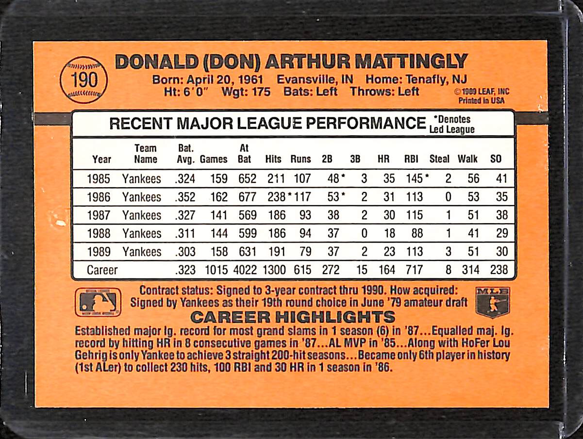 FIINR Baseball Card 1990 Donruss Don Mattingly Baseball Error Card #190 - Error Card - Mint Condition