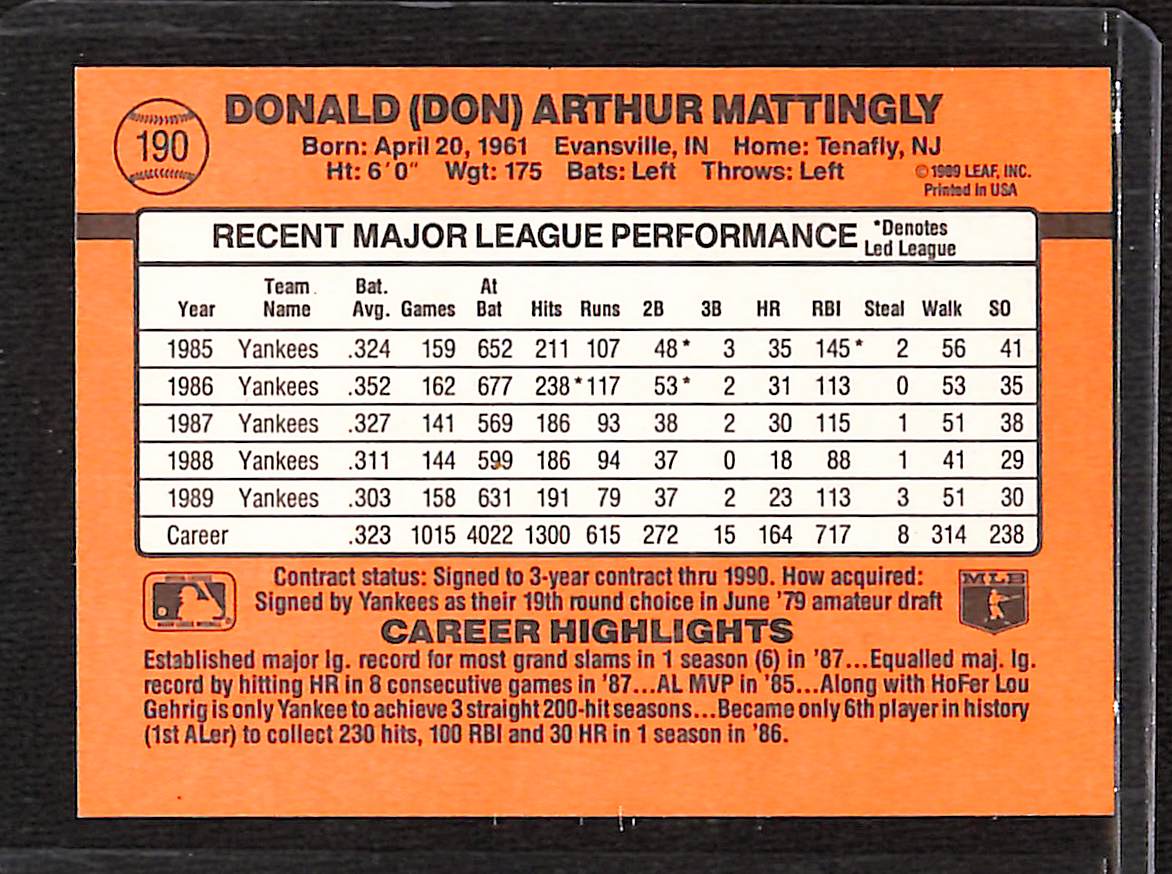 FIINR Baseball Card 1990 Donruss Don Mattingly Baseball Player Card #190 - Mint Condition
