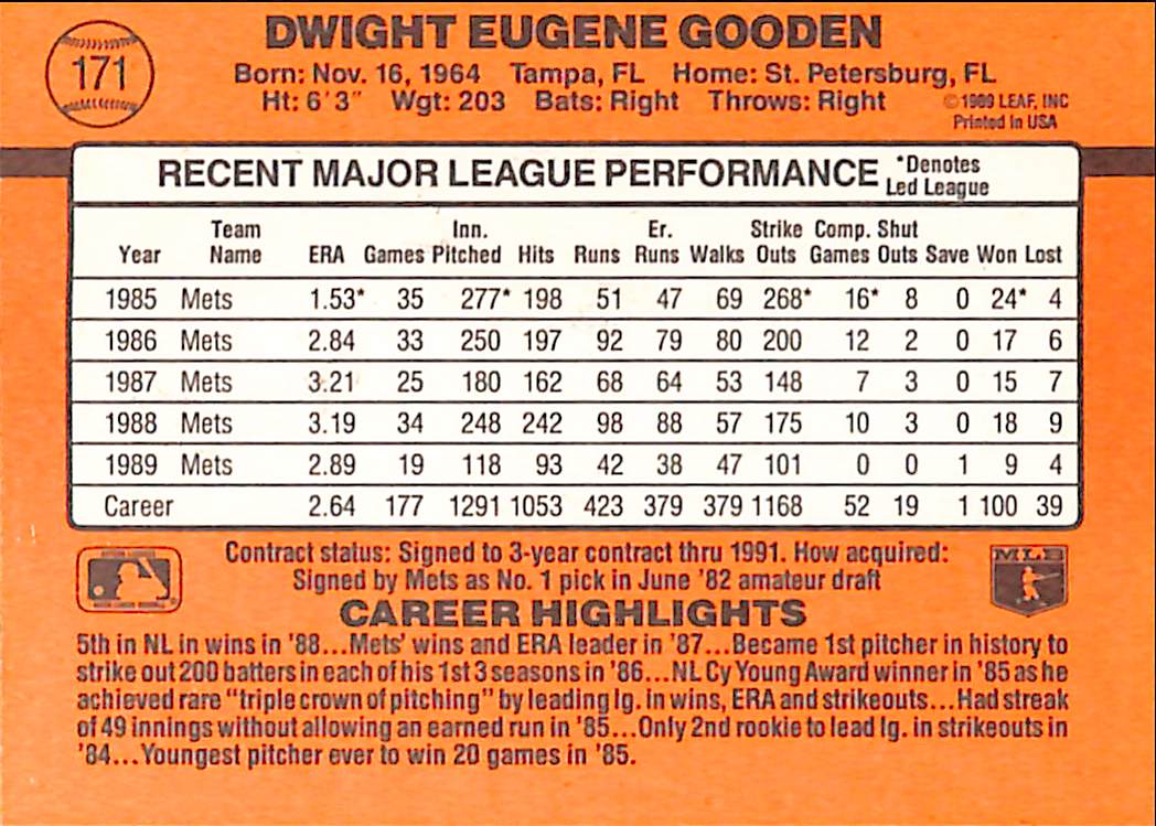 FIINR Baseball Card 1990 Donruss Dwight "Doc" Gooden MLB Baseball Error Card #171 - Error Card - Mint Condition