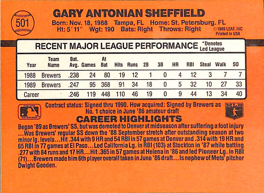 FIINR Baseball Card 1990 Donruss Gary Sheffield Baseball Player Error Card #501 - Error Card - Mint Condition