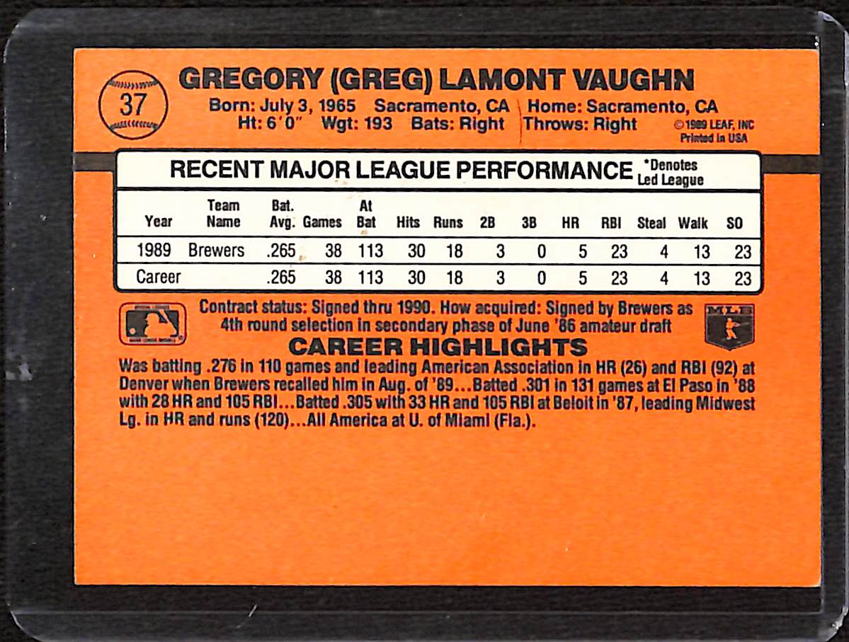 FIINR Baseball Card 1990 Donruss Greg Vaughn MLB Baseball Error Card #37 - Rated Rookie - Error Card - Mint Condition