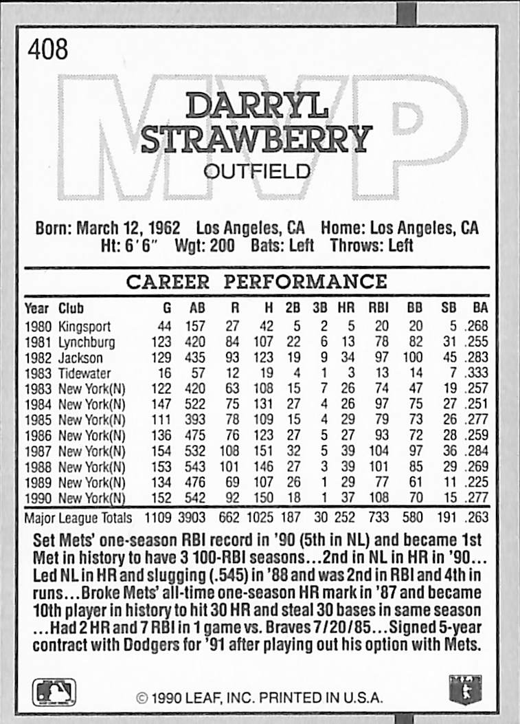 FIINR Baseball Card 1990 Donruss MVP Darryl Strawberry Baseball Card #408 - Mint Condition