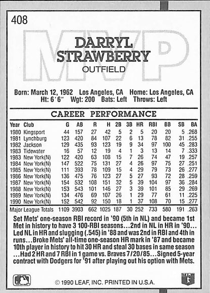 FIINR Baseball Card 1990 Donruss MVP Darryl Strawberry Baseball Card #408 - Mint Condition