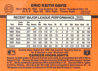 FIINR Baseball Card 1990 Donruss MVP Eric Davis Baseball Player Card #BC-23 - Mint Condition