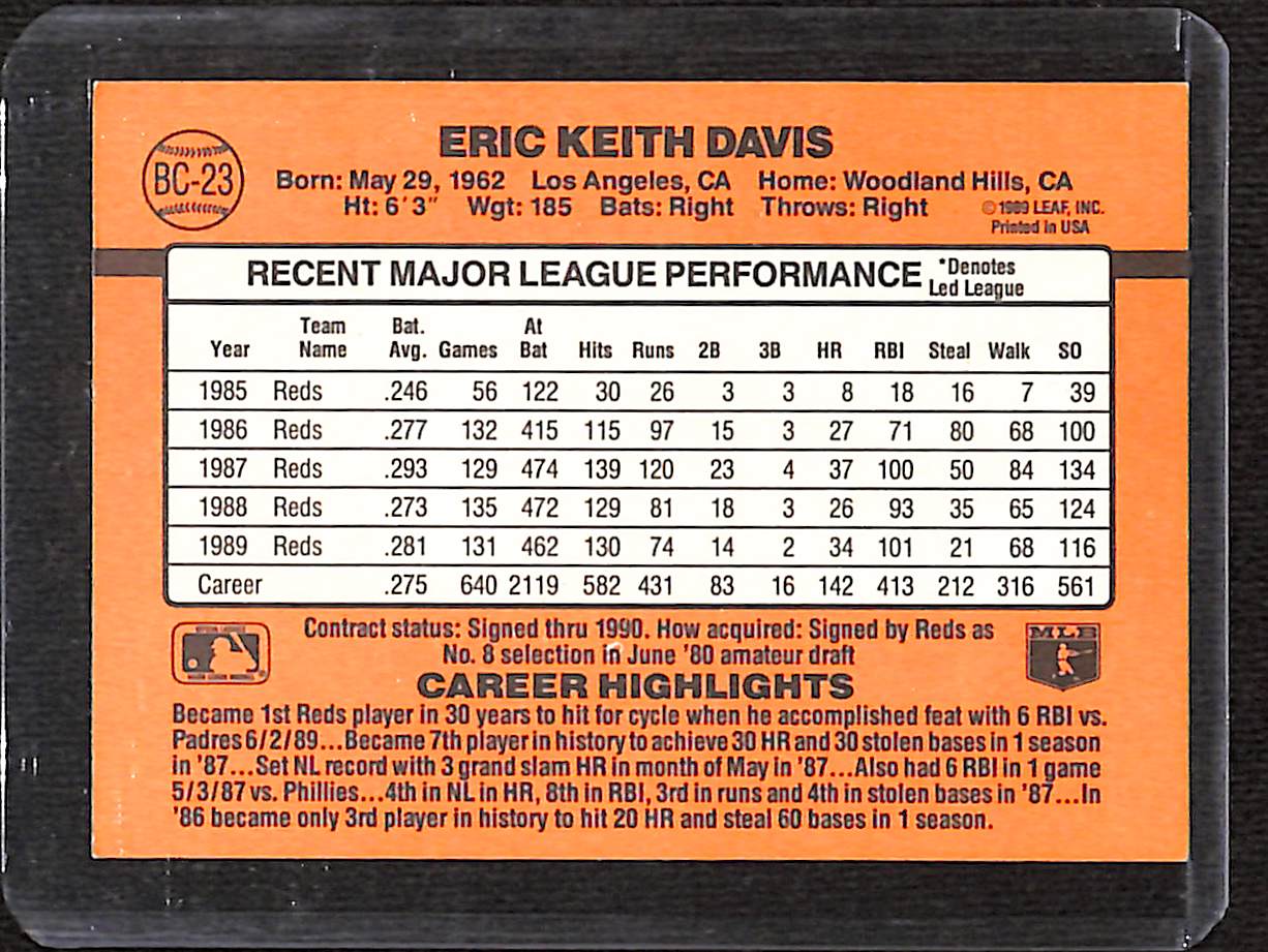FIINR Baseball Card 1990 Donruss MVP Eric Davis Baseball Player Card #BC-23 - Mint Condition