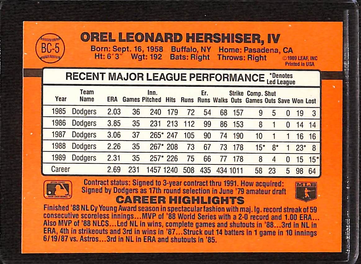 FIINR Baseball Card 1990 Donruss MVP Orel Hershiser Baseball Error Card #BC-5 - Error Card - Mint Condition