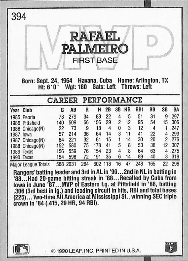FIINR Baseball Card 1990 Donruss MVP Rafael Palmeiro Vintage MLB Baseball Card #394 - Mint Condition