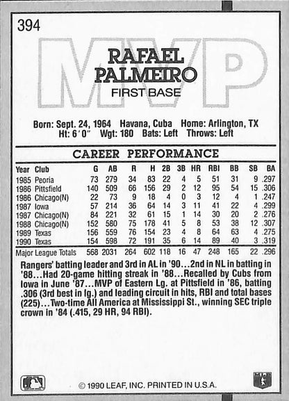 FIINR Baseball Card 1990 Donruss MVP Rafael Palmeiro Vintage MLB Baseball Card #394 - Mint Condition