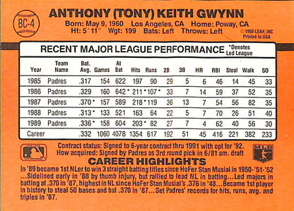 FIINR Baseball Card 1990 Donruss MVP Tony Gwynn Baseball Error Card #BC-4 - Error Card - Mint Condition