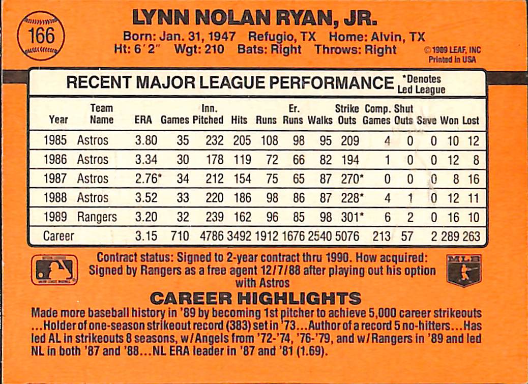 FIINR Baseball Card 1990 Donruss Nolan Ryan Baseball Error Card #166  - Error Card - Mint Condition
