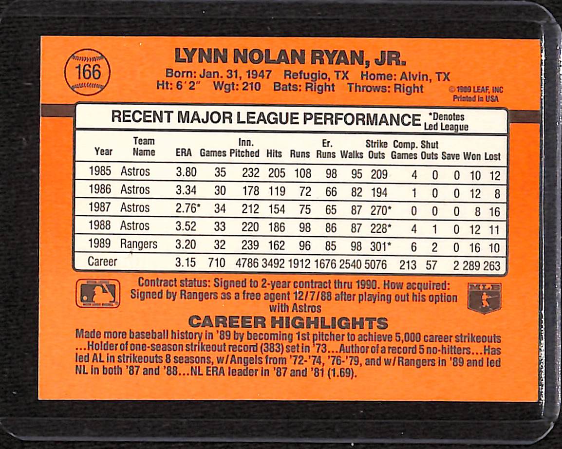 FIINR Baseball Card 1990 Donruss Nolan Ryan Baseball Error Card Royals #166 - Error Card - Mint Condition