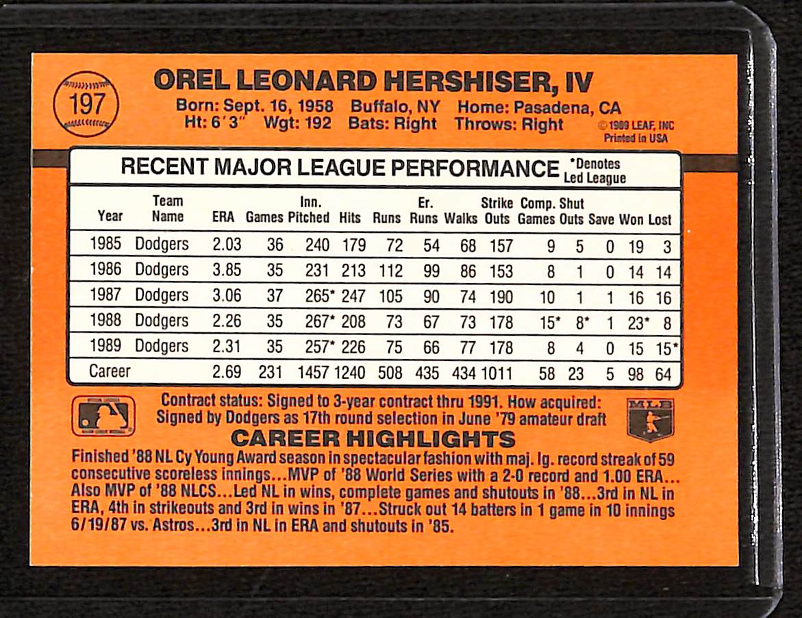 FIINR Baseball Card 1990 Donruss Orel Hershiser Baseball Error Card #197 - Error Card - Mint Condition