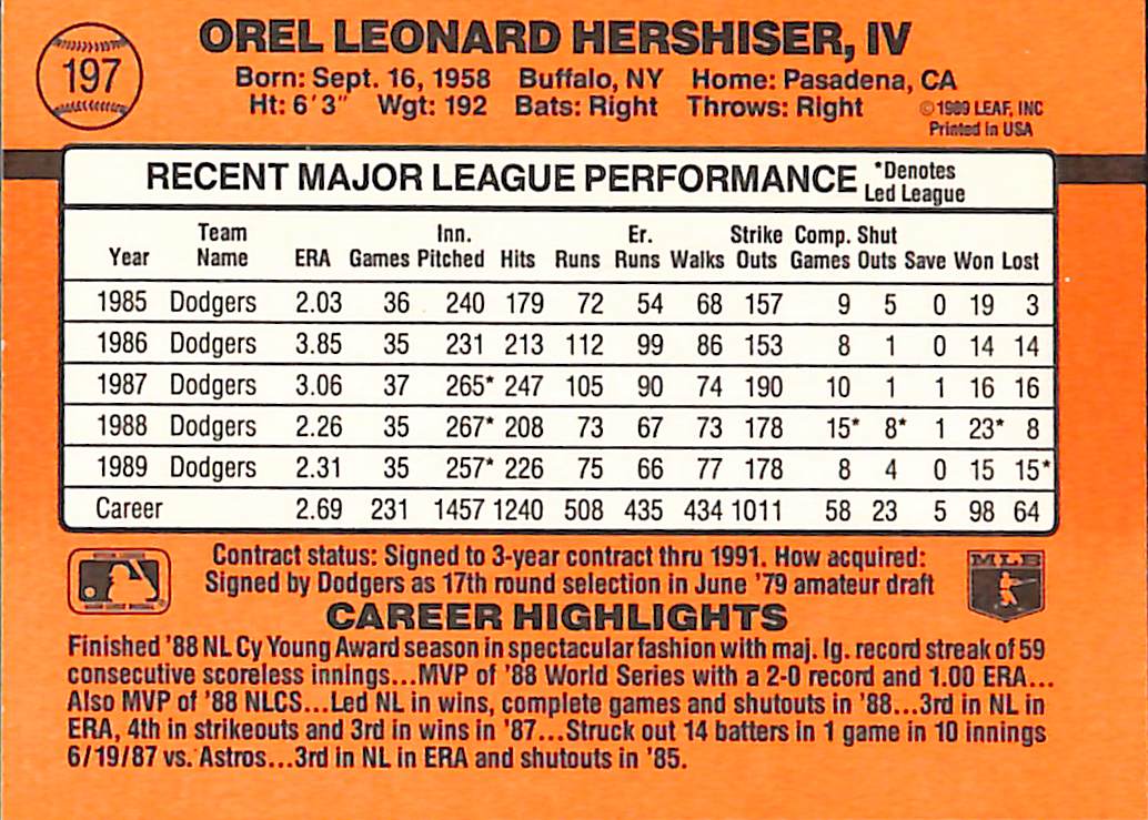 FIINR Baseball Card 1990 Donruss Orel Hershiser Baseball Error Card #197 - Error Card - Mint Condition