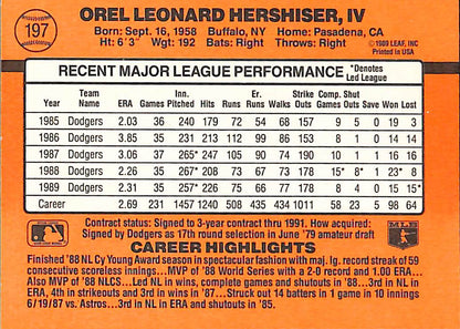 FIINR Baseball Card 1990 Donruss Orel Hershiser Baseball Error Card #197 - Error Card - Mint Condition