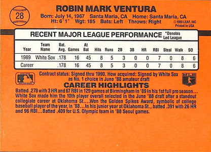 FIINR Baseball Card 1990 Donruss Robin Ventura Rated Rookie Baseball Player Card #28  - Error Card - Mint Condition