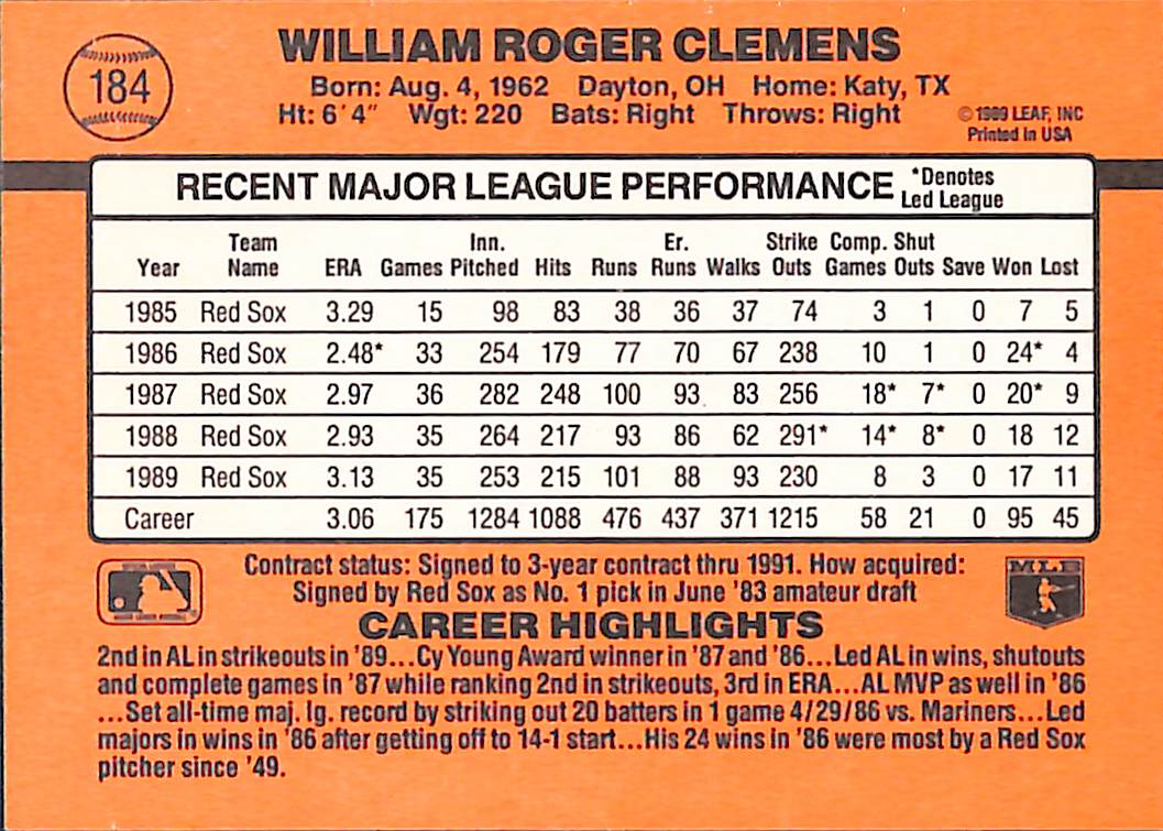 FIINR Baseball Card 1990 Donruss Roger Clemens Baseball Error Card #184 - Error Card - Mint Condition
