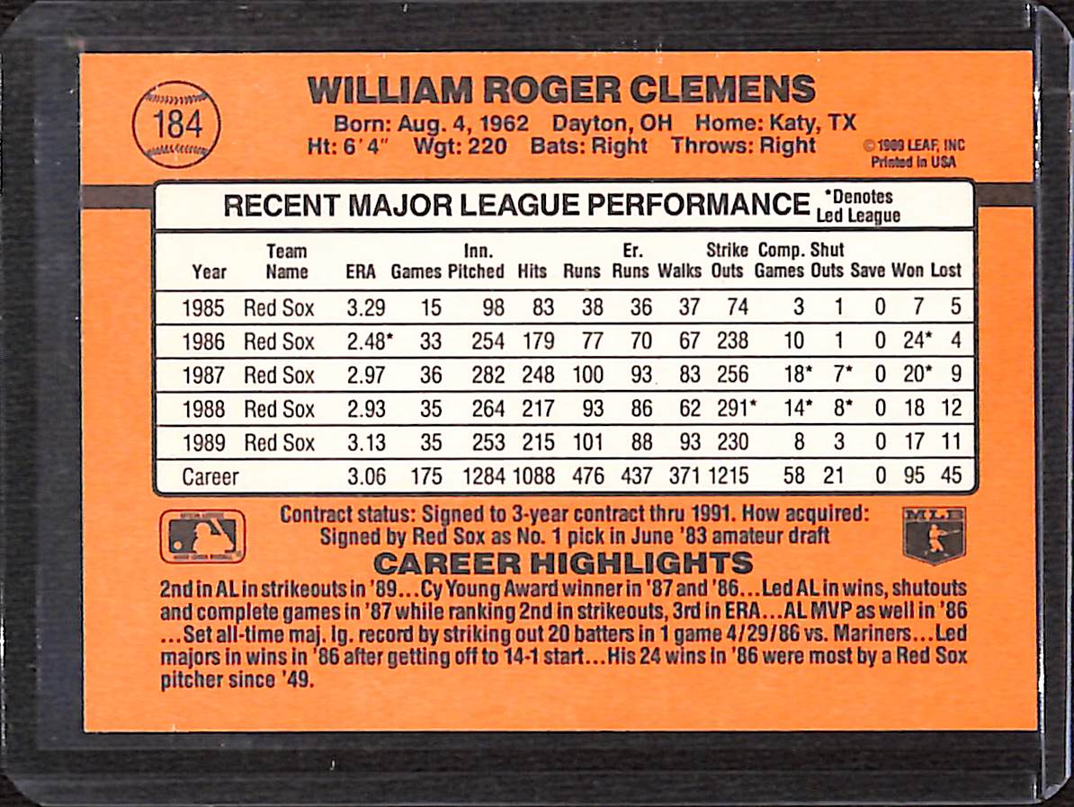 FIINR Baseball Card 1990 Donruss Roger Clemens Baseball Error Card #184 - Error Card - Mint Condition