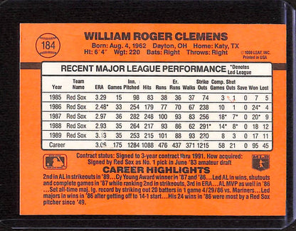 FIINR Baseball Card 1990 Donruss Roger Clemens MLB Baseball Card #184 - Mint Condition