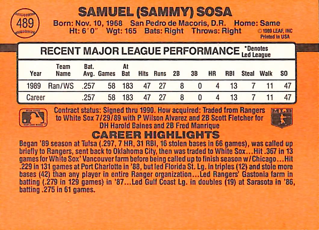 FIINR Baseball Card 1990 Donruss Sammy Sosa Double Error Baseball Card #489 - Rare Double Error Card - Mint Condition