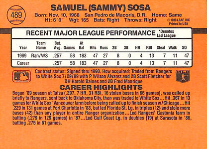 FIINR Baseball Card 1990 Donruss Sammy Sosa Double Error Baseball Card #489 - Rare Double Error Card - Mint Condition