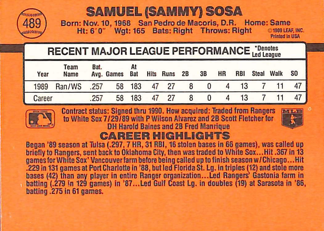 FIINR Baseball Card 1990 Donruss Sammy Sosa MLB Baseball Player Error Card #489  - Error Card - Mint Condition