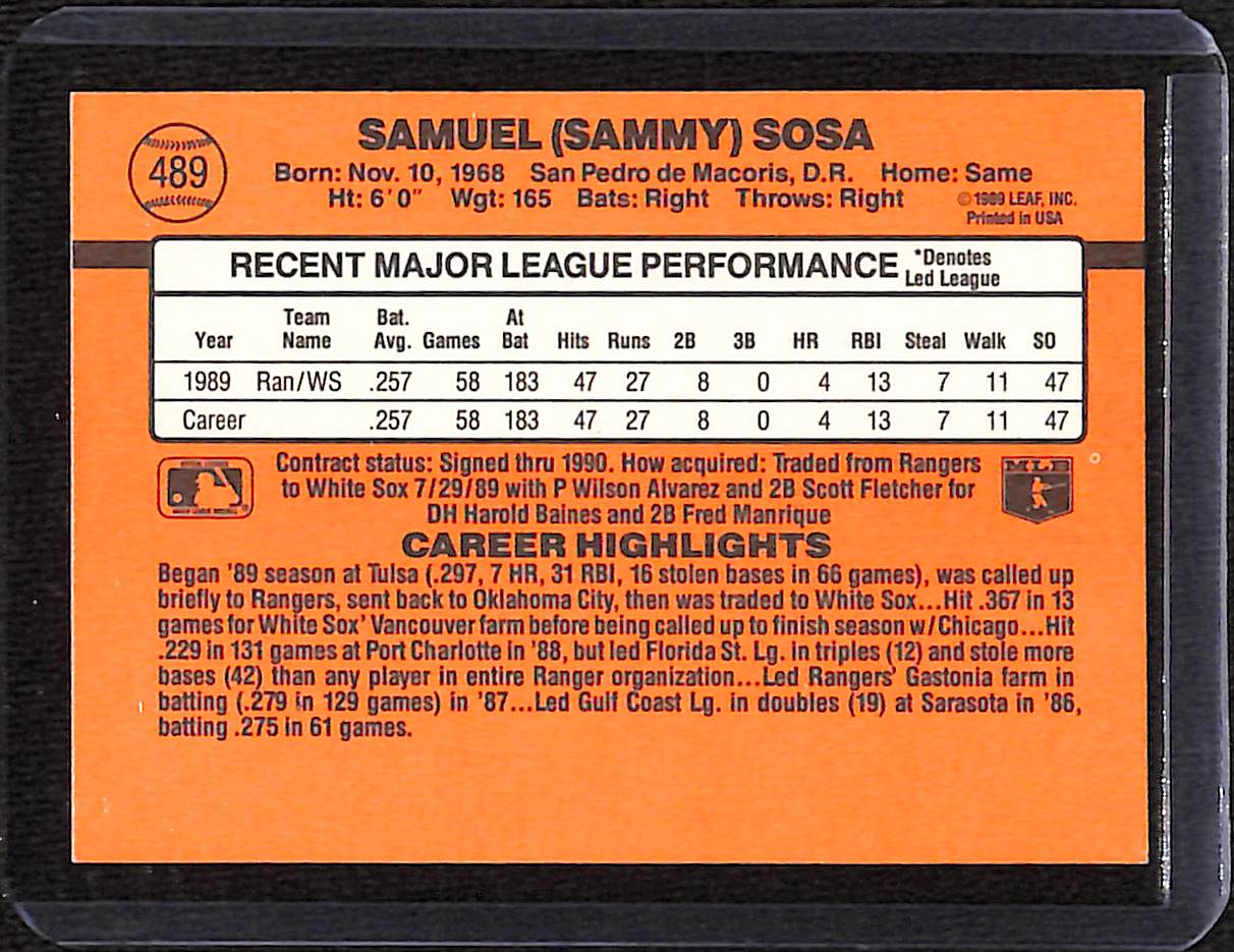 FIINR Baseball Card 1990 Donruss Sammy Sosa MLB Baseball Player Error Card #489  - Error Card - Mint Condition